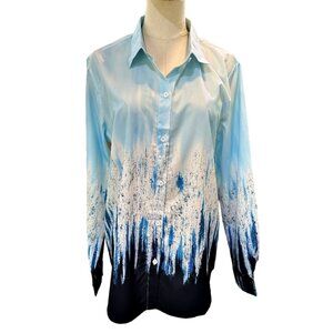 Vala Nio Top Shirt Womens Size Large Blue White Long Sleeves Rayon Elastane NEW